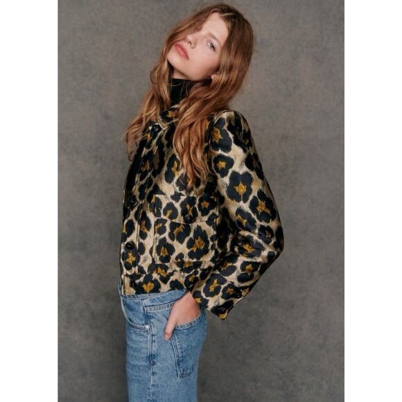 Sezane Jackets & Blazers - Sezane Terry Jacket 34 XS Leopard Jacquard Cropped Button Front